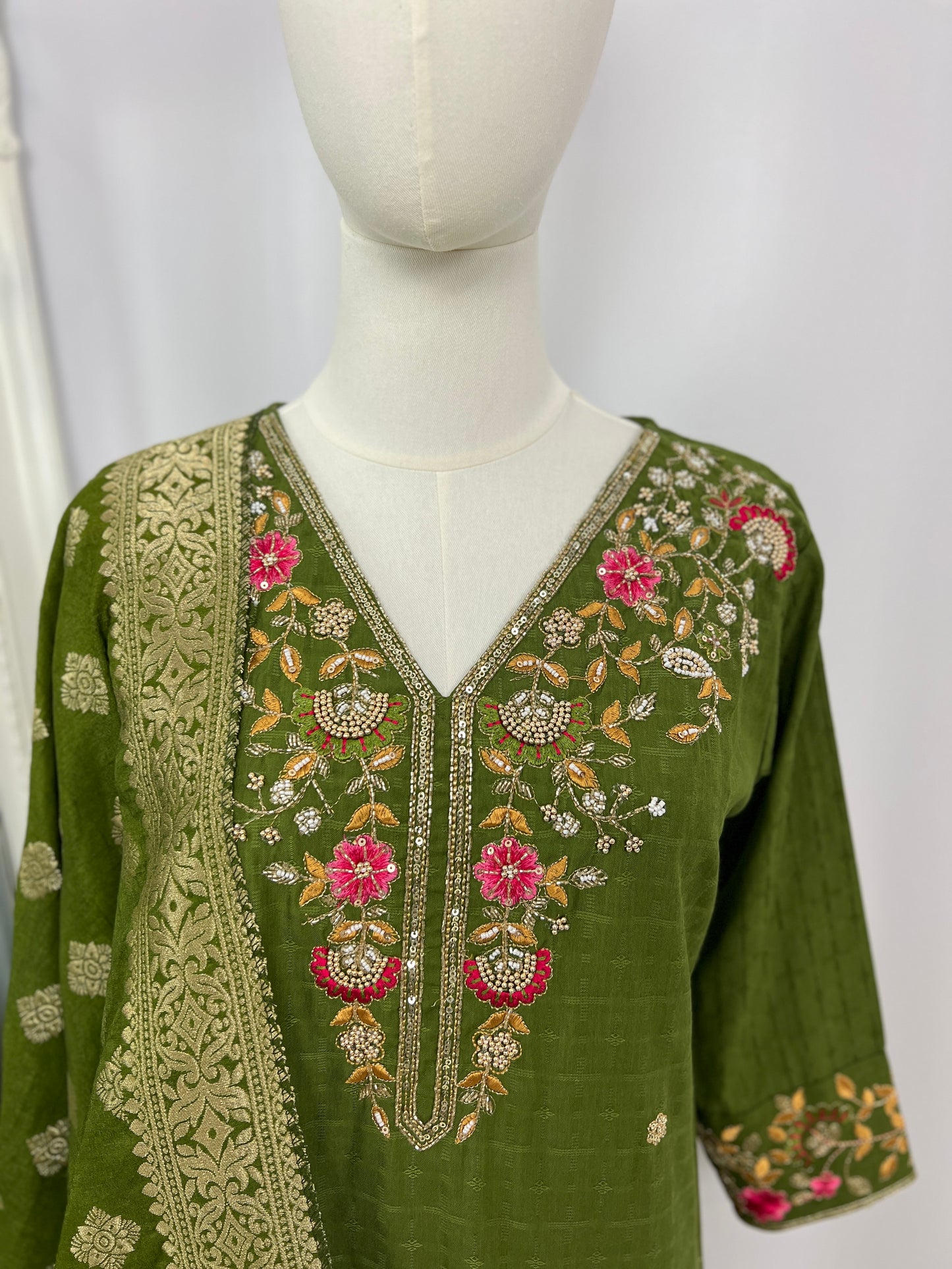 Green Embroidered Kurtha, Trousers & Shawl