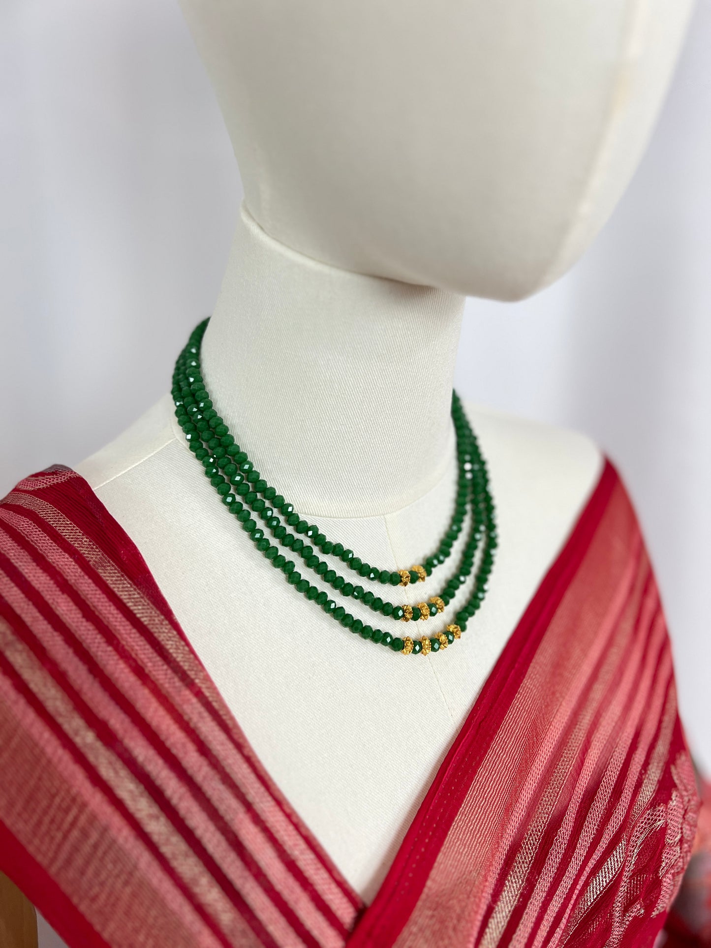 Green Crystal Necklace with Naugadi Beads – Triple Layer Traditional Nepali Jewelry