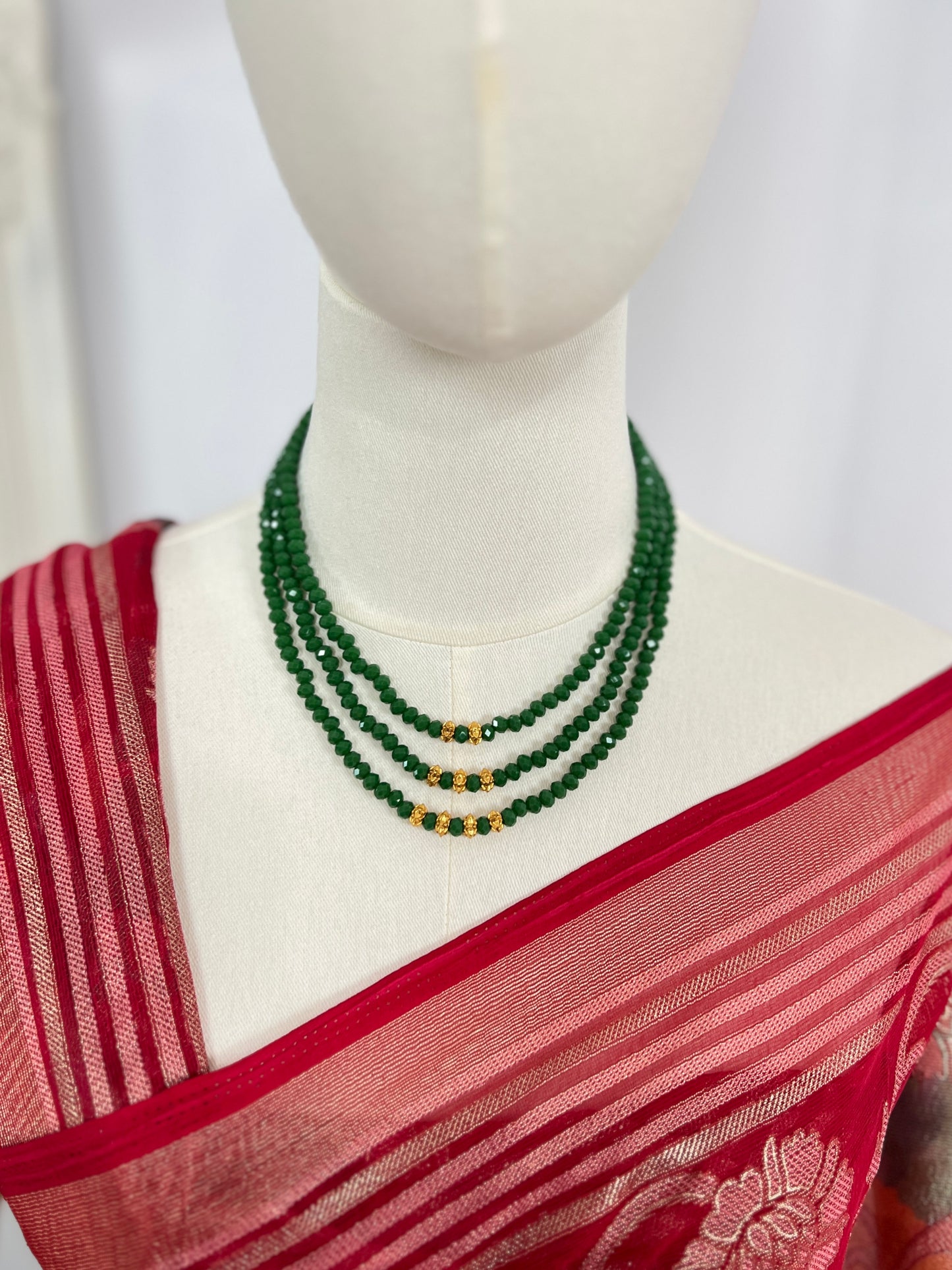 Green Crystal Necklace with Naugadi Beads – Triple Layer Traditional Nepali Jewelry