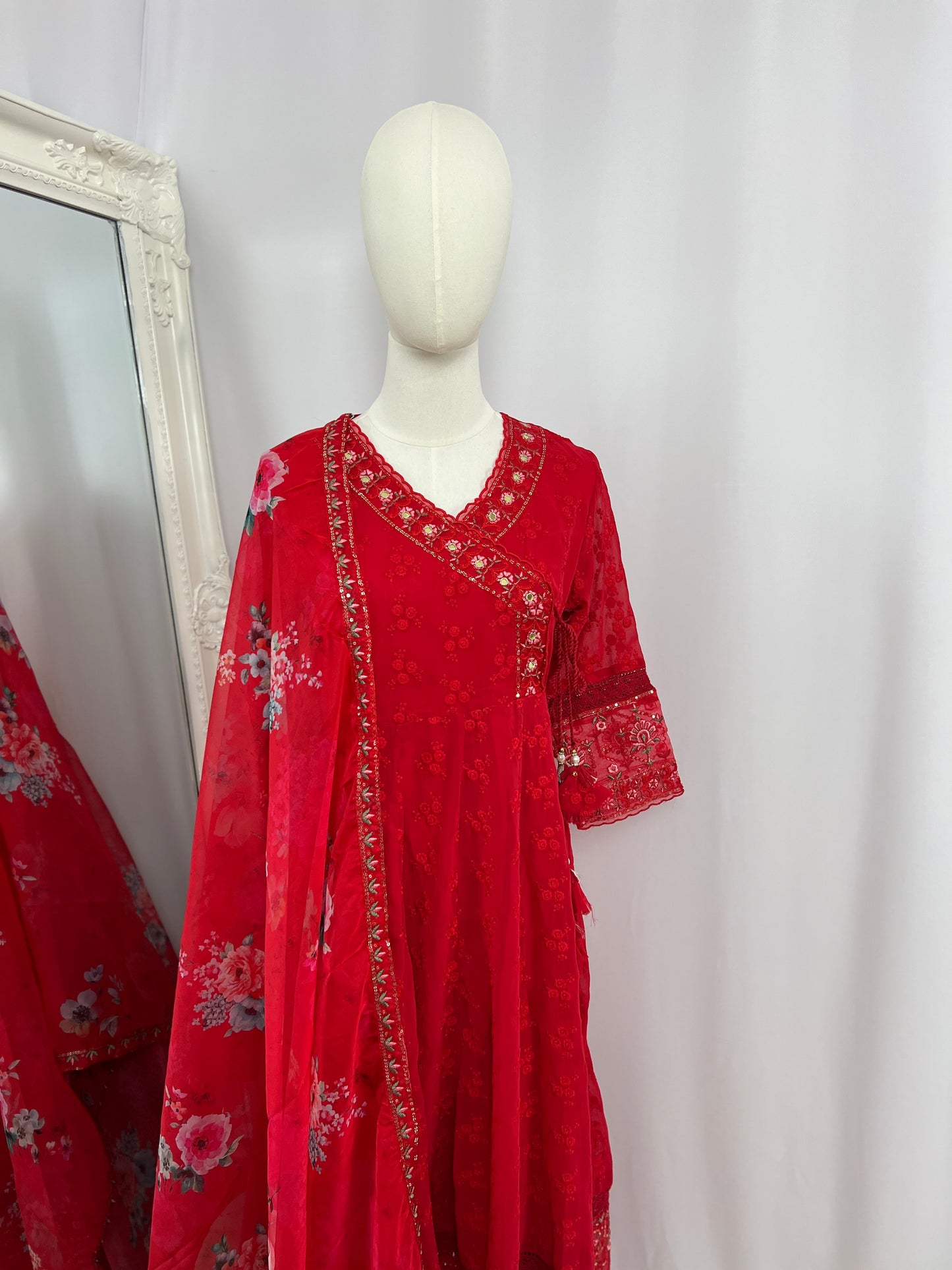 Red Embroidered Kurtha Set with Trouser & Shawl