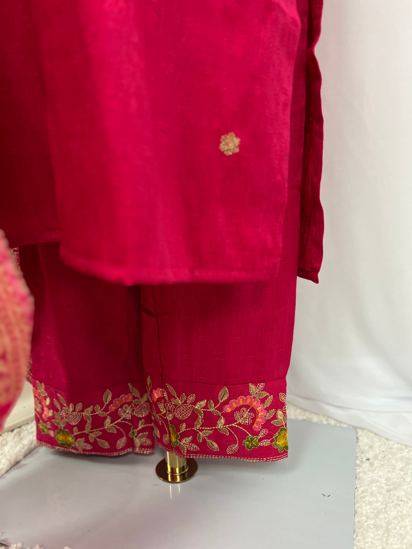 Pink Embroidered Kurtha, Trousers & Shawl