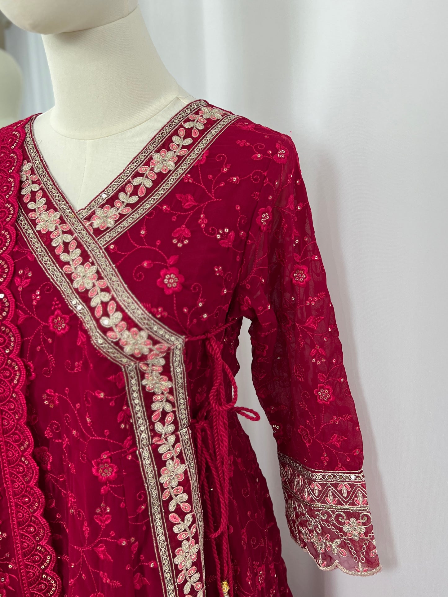 Red Embroidered Kurtha Set with Trouser & Shawl