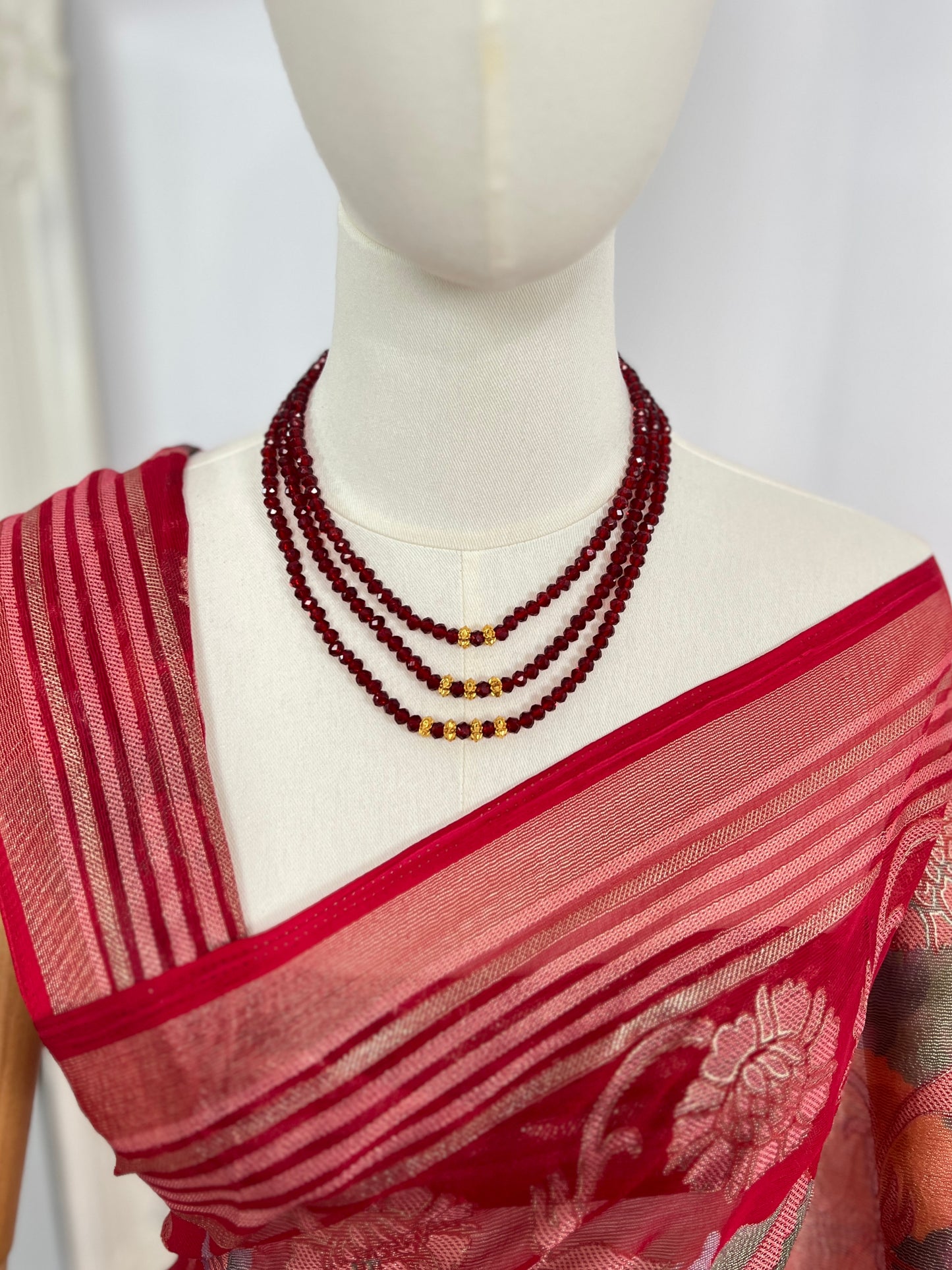 Maroon Crystal Necklace with Naugadi Beads – Triple Layer Traditional Nepali Jewelry