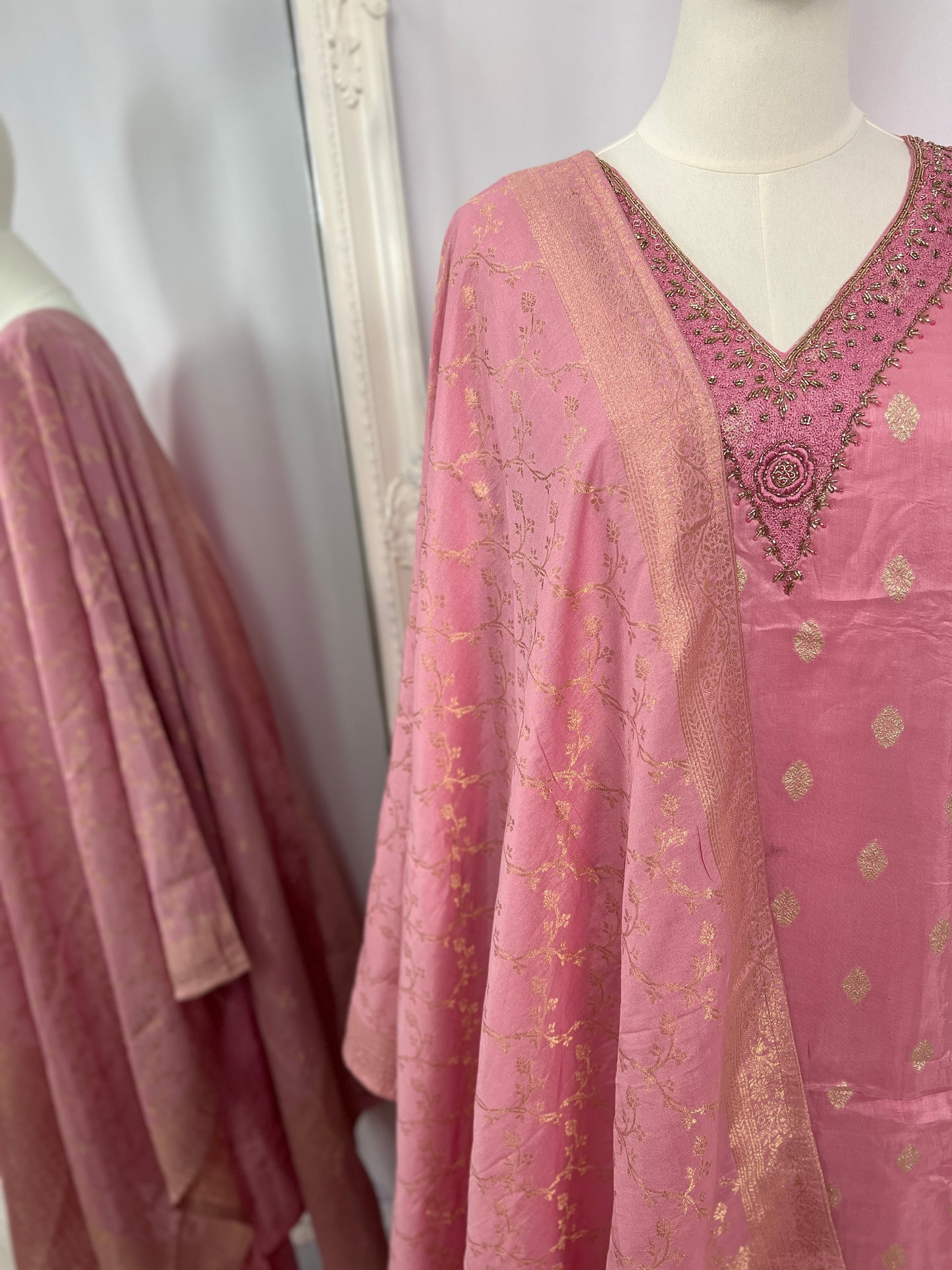 Pink Embroidered Kurtha, Trousers with Pocket & Shawl