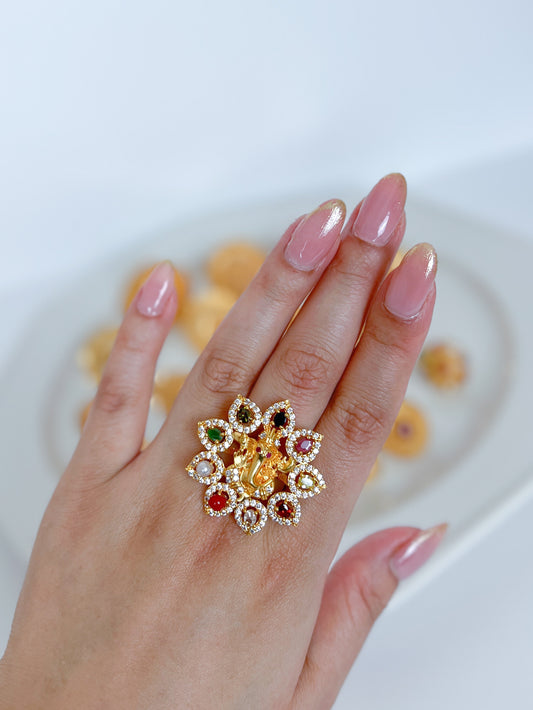 Navaratna Ganesh Ring Adjustable Gold Plated