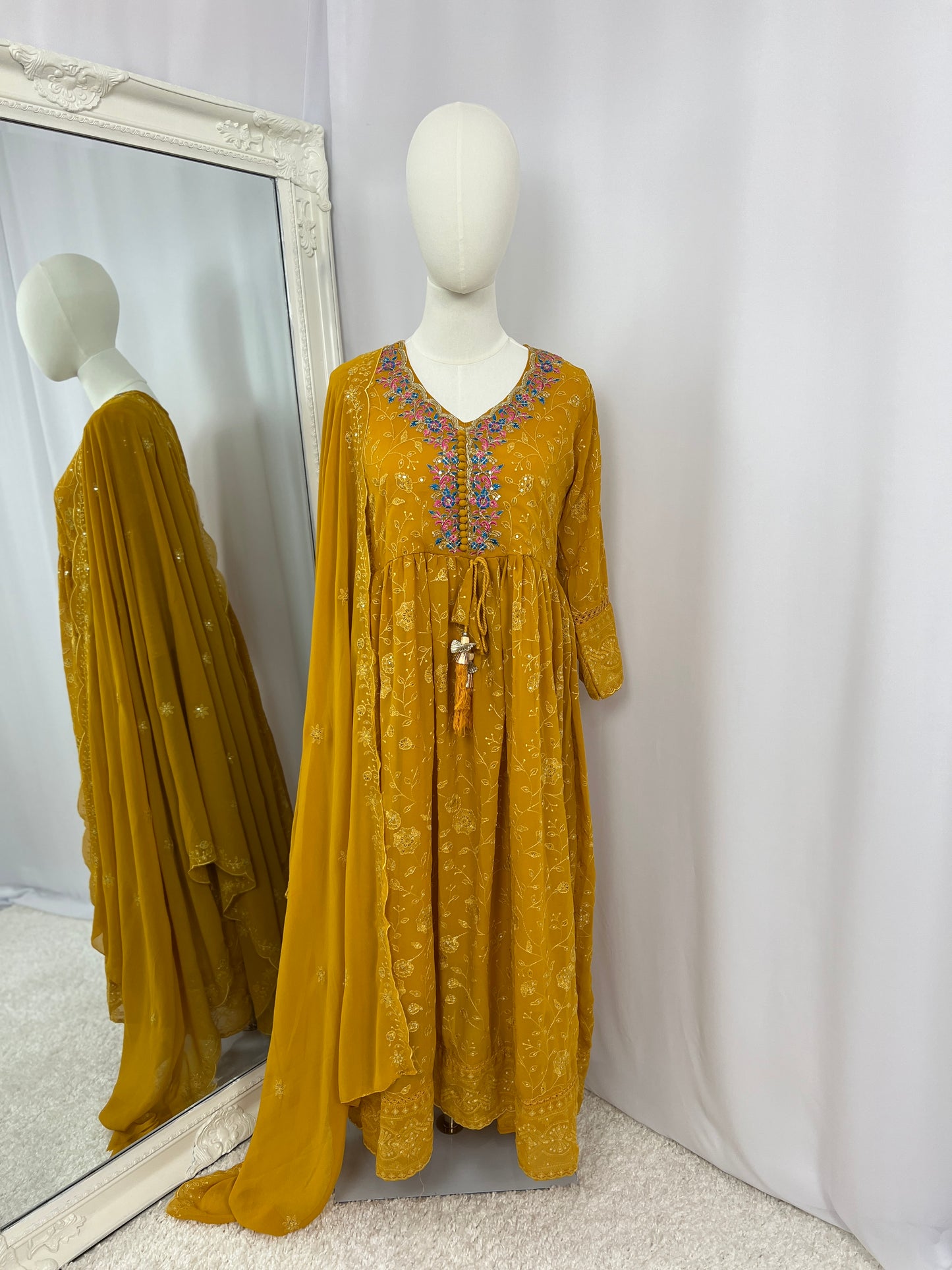 Mustard Yellow Embroidered Kurtha Set with Trouser & Shawl