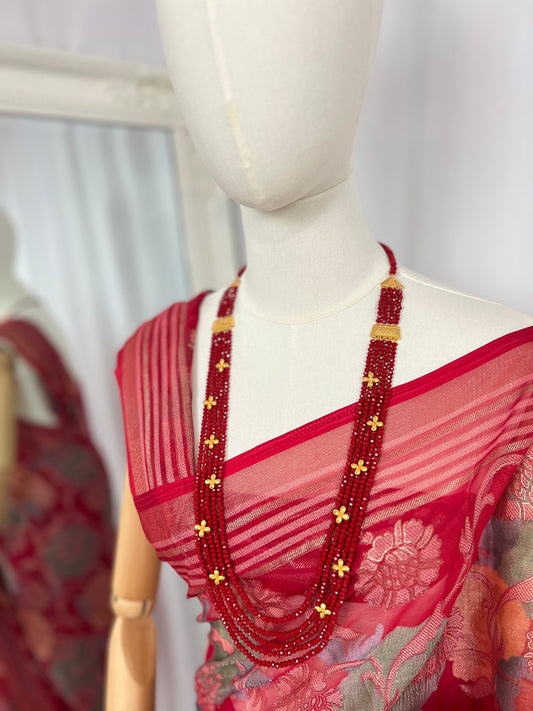 Red Crystal Long Necklace with Floral Accents