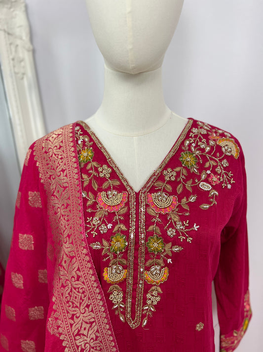 Pink Embroidered Kurtha, Trousers & Shawl