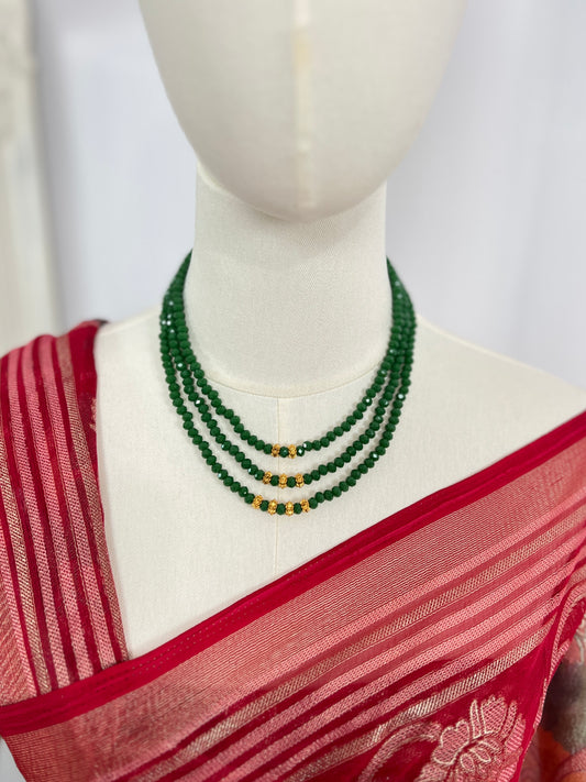 Green Crystal Necklace with Naugadi Beads – Triple Layer Traditional Nepali Jewelry