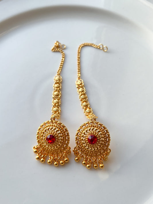 Gold-plated Big Godawari Earrings – Traditional Nepali Design with Red Stone