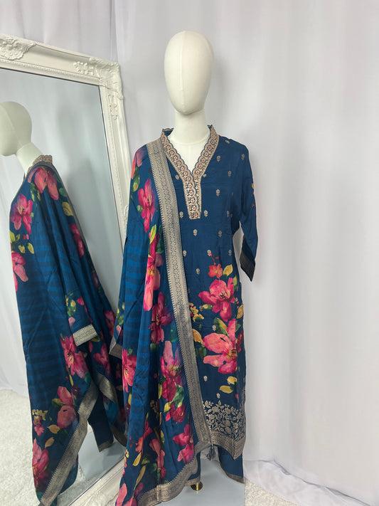 Blue Embroidered Kurtha, Trousers & Floral Shawl