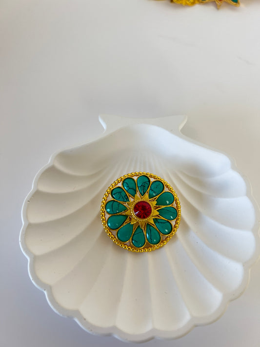 Traditional Nepali Brooch Gold-Plated Decorative Stone Design