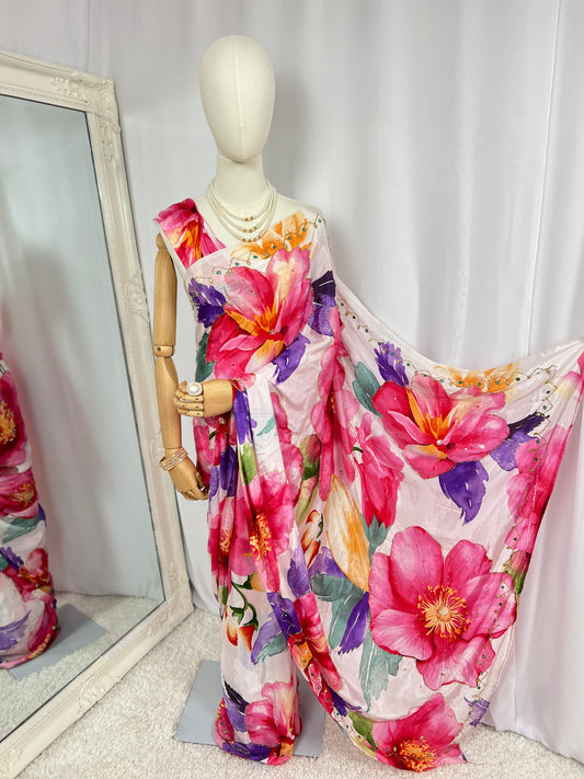 White Floral Printed Silk-Finish Saree with Bead Embroidery