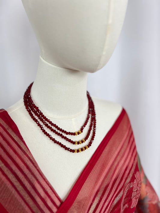 Maroon Crystal Necklace with Naugadi Beads – Triple Layer Traditional Nepali Jewelry
