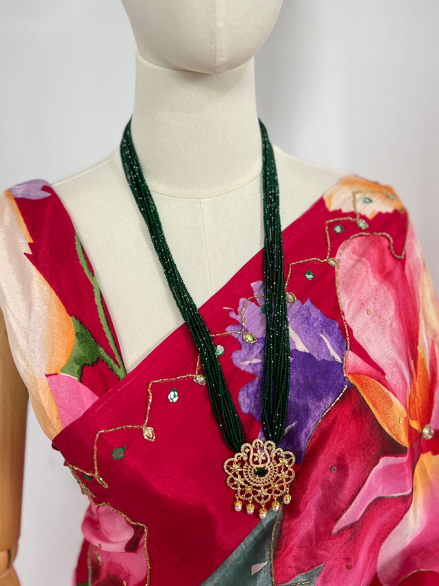 Long Green Hydropote Necklace Set with Earrings – Traditional Nepali Jewelry