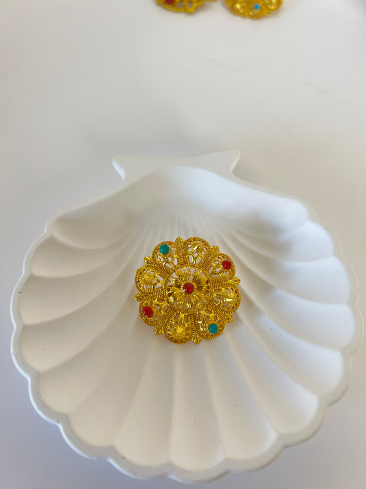Traditional Nepali Brooch Gold-Plated Decorative Stone Design
