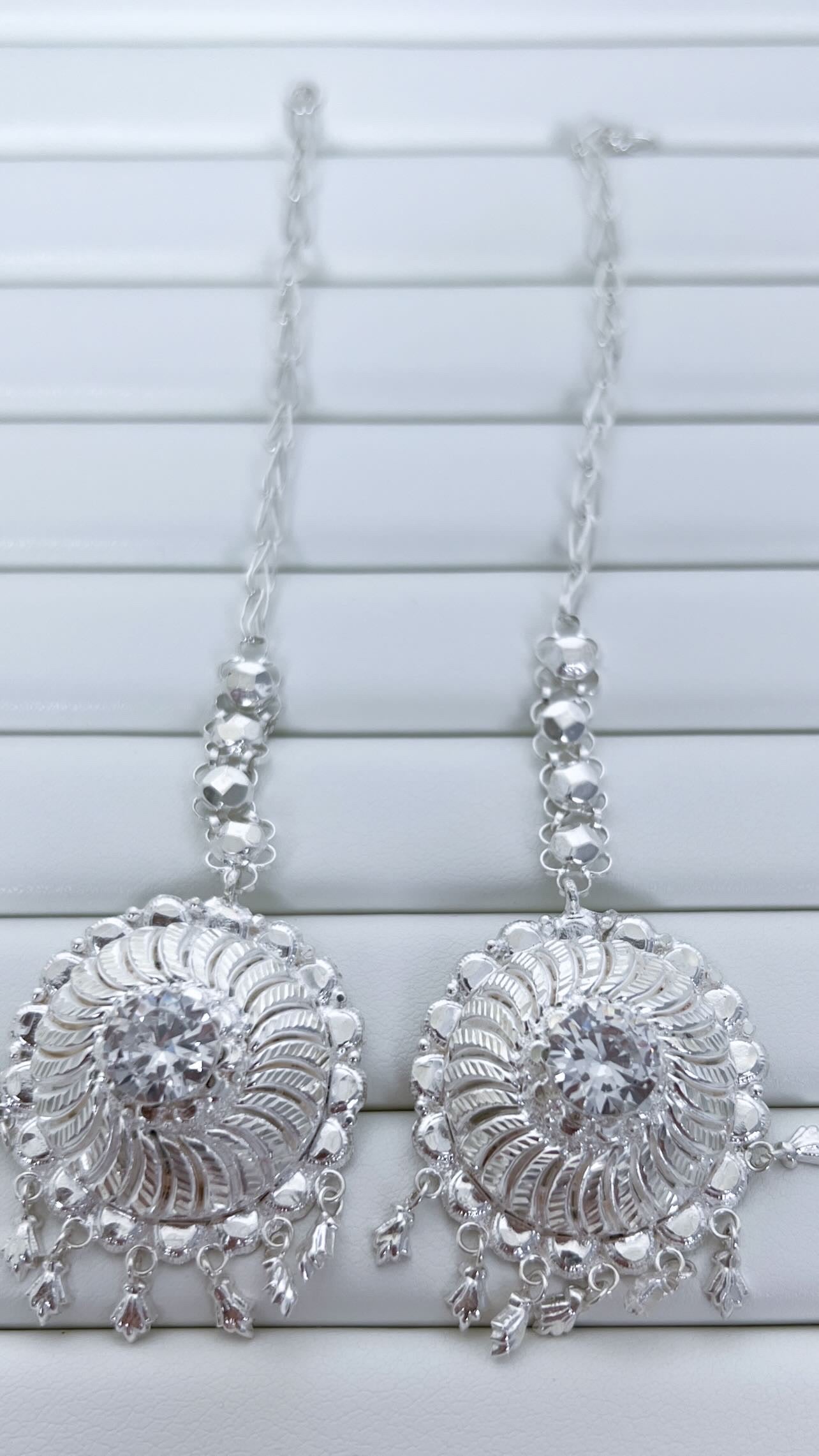 Pure Silver Godawari Earrings – Traditional Drop Design with White Stone