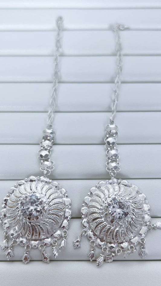 Pure Silver Godawari Earrings – Traditional Drop Design with White Stone