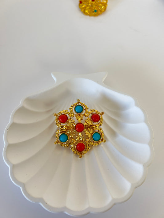 Traditional Nepali Brooch Gold-Plated Decorative Stone Design