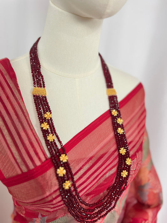 Long Maroon Crystal Necklace with Floral Accents