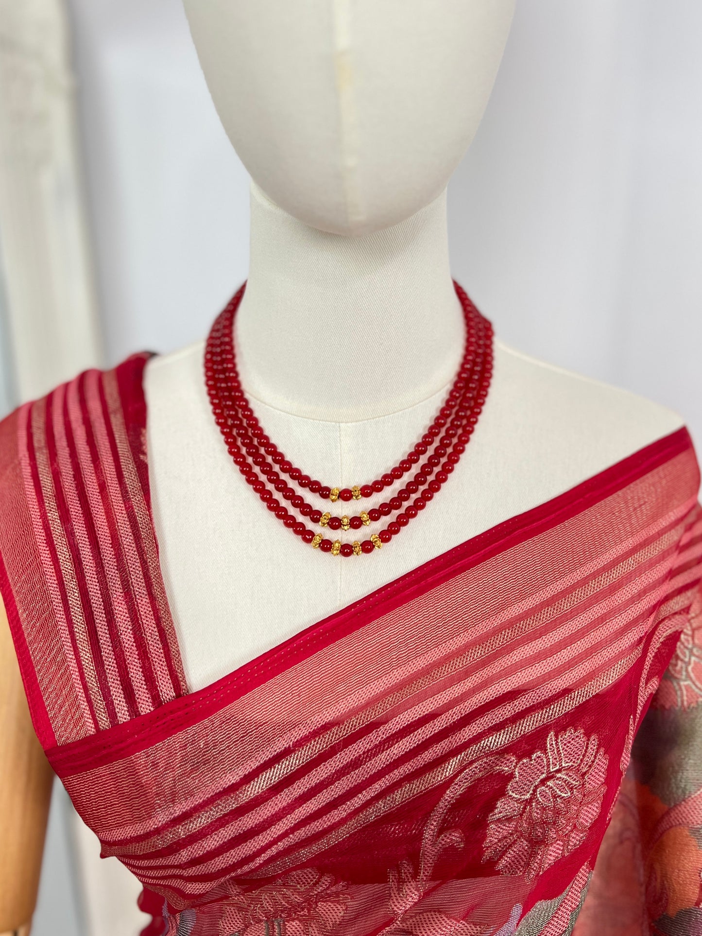 Red Beads Naugadi Necklace – Triple Layer Nepali Jewelry