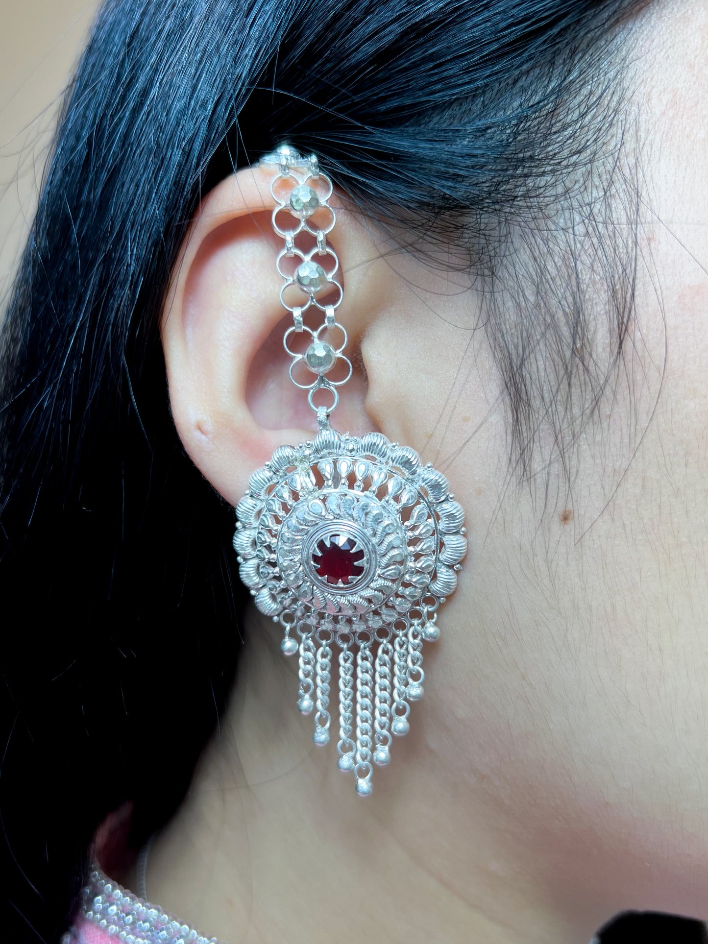 Pure Silver Godawari Earrings – Traditional Drop Design with Red Stone