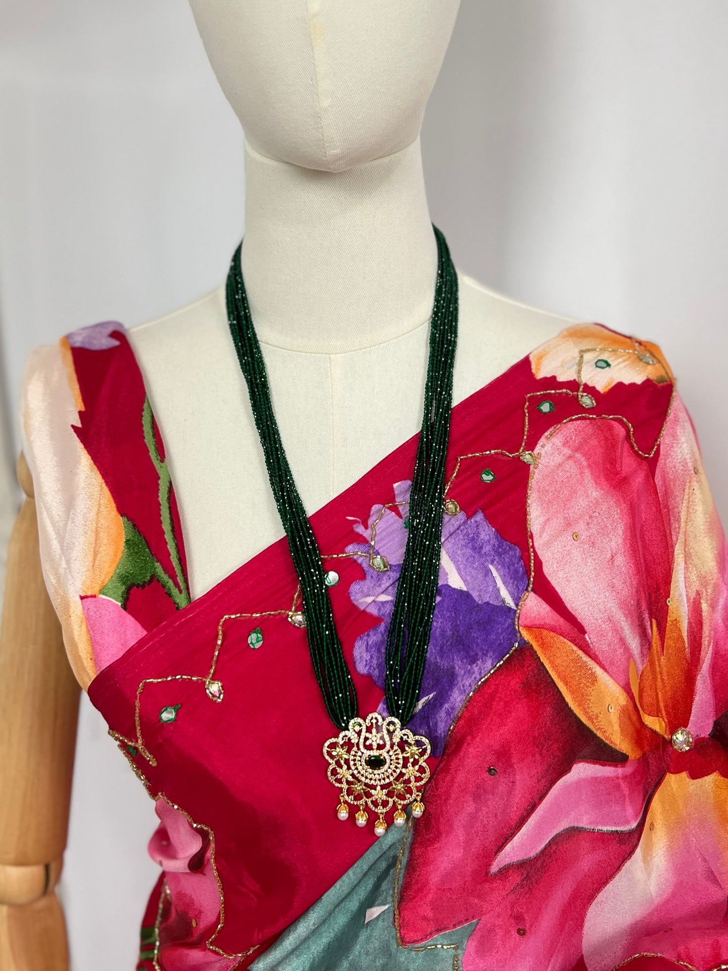 Long Green Hydropote Necklace Set with Earrings – Traditional Nepali Jewelry