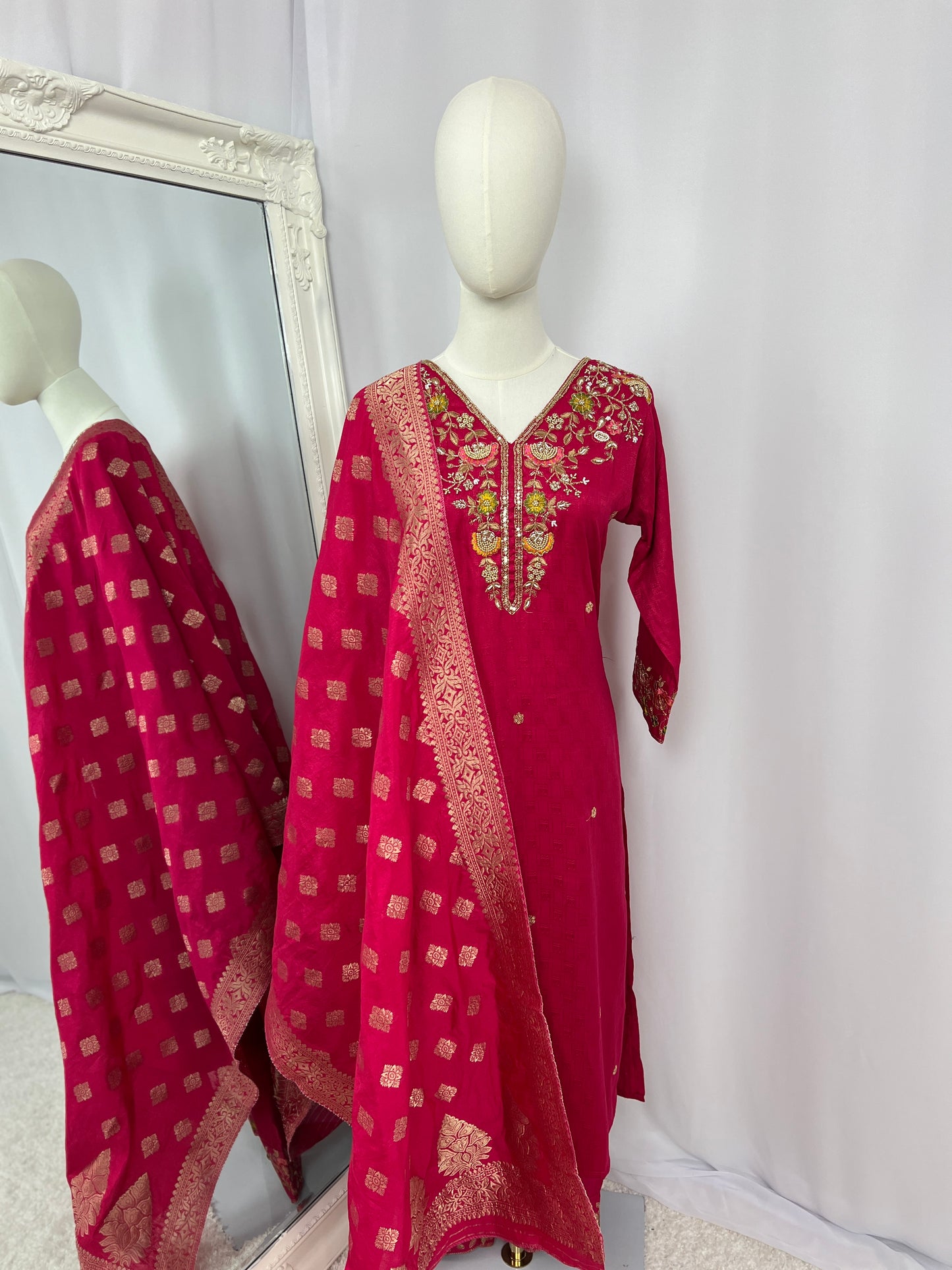 Pink Embroidered Kurtha, Trousers & Shawl