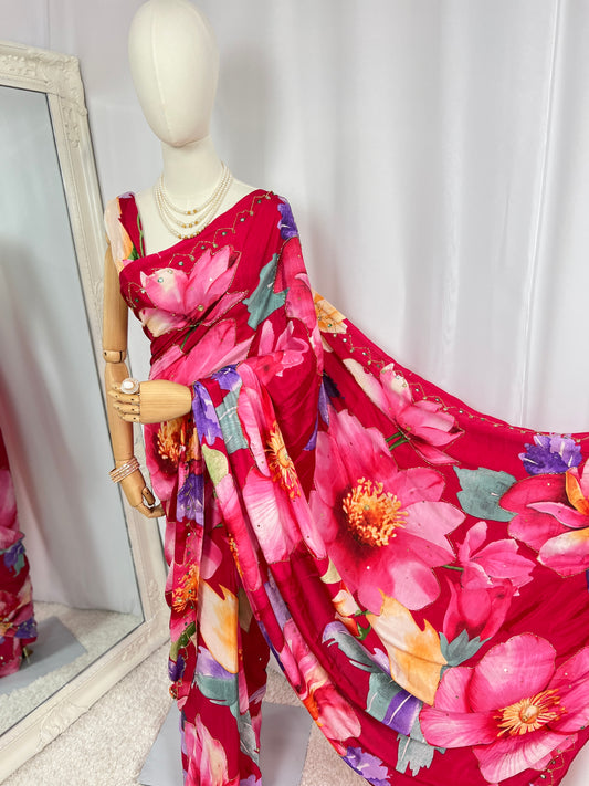 Red Floral Printed Silk-Blend Saree with Bead Embroidery