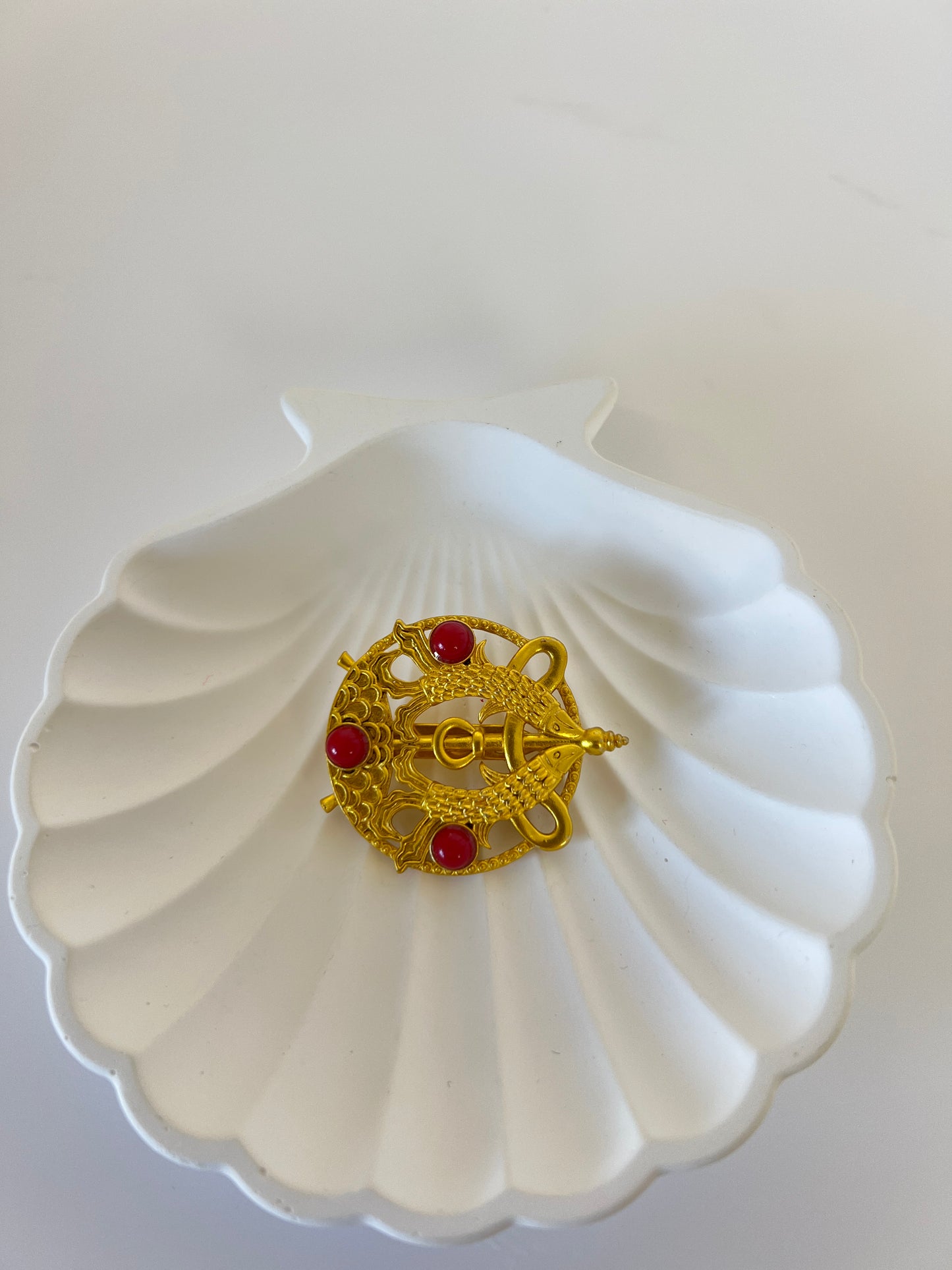 Traditional Nepali Brooch Gold-Plated Decorative Stone Design