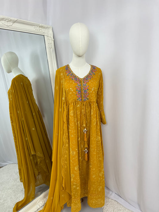Mustard Yellow Embroidered Kurtha Set with Trouser & Shawl