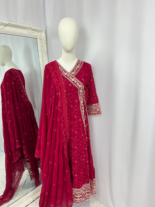 Red Embroidered Kurtha Set with Trouser & Shawl