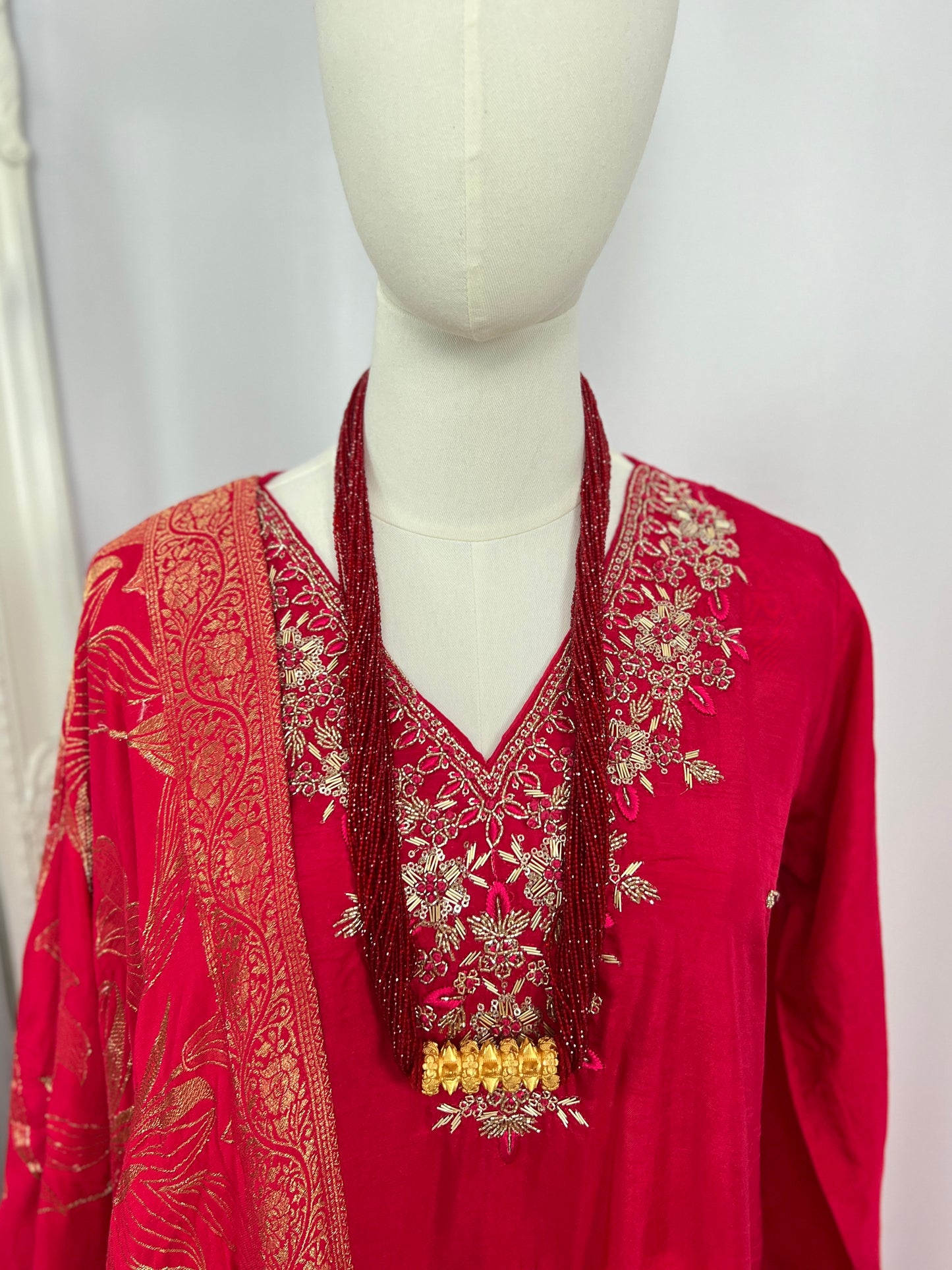 Red Embroidered Kurtha, Trousers & Shawl