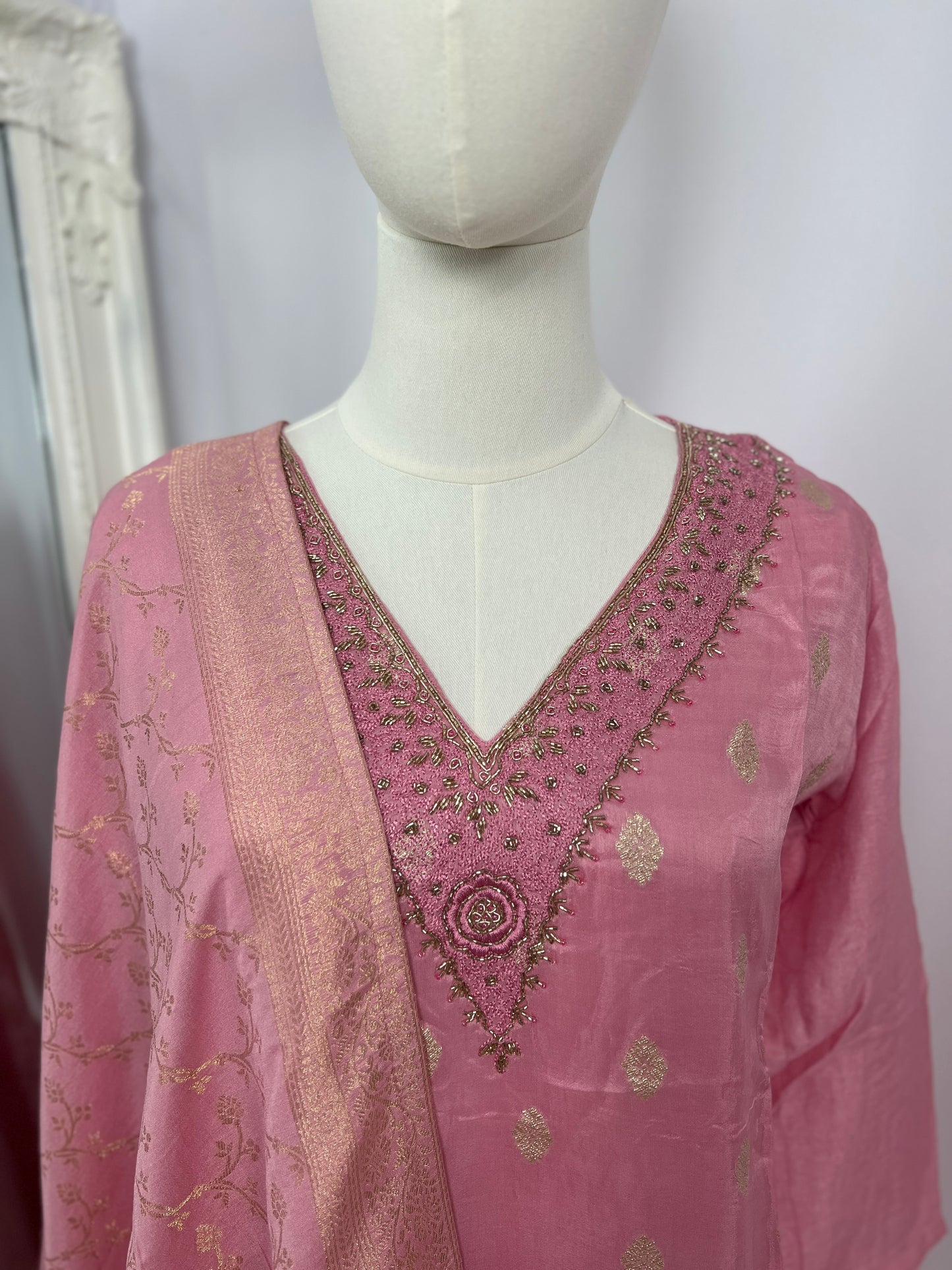 Pink Embroidered Kurtha, Trousers with Pocket & Shawl