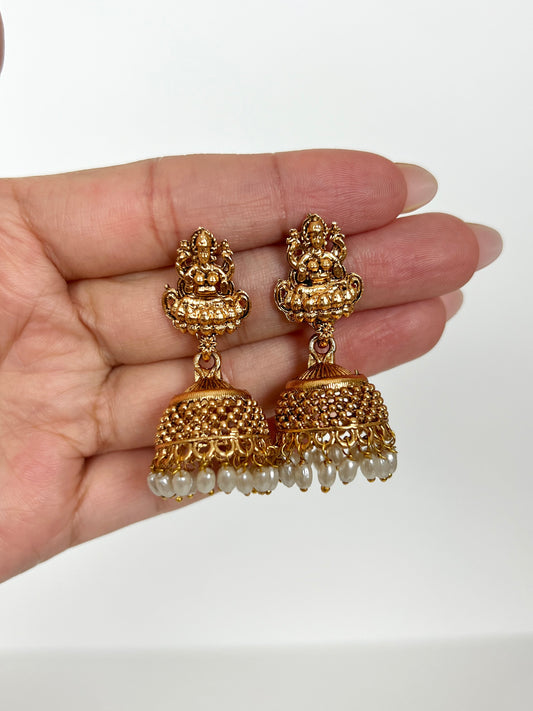 Temple Earrings Jhumka – Traditional Brass with White Pearl Drop