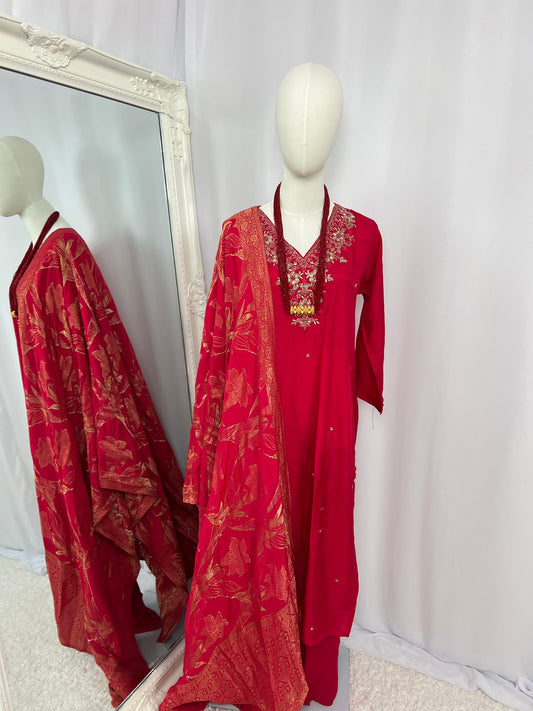 Red Embroidered Kurtha, Trousers & Shawl