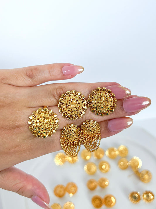 Stud & Layered Chain Earrings with Adjustable Ring Gold Plated