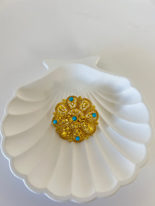 Traditional Nepali Brooch Gold-Plated Decorative Stone Design