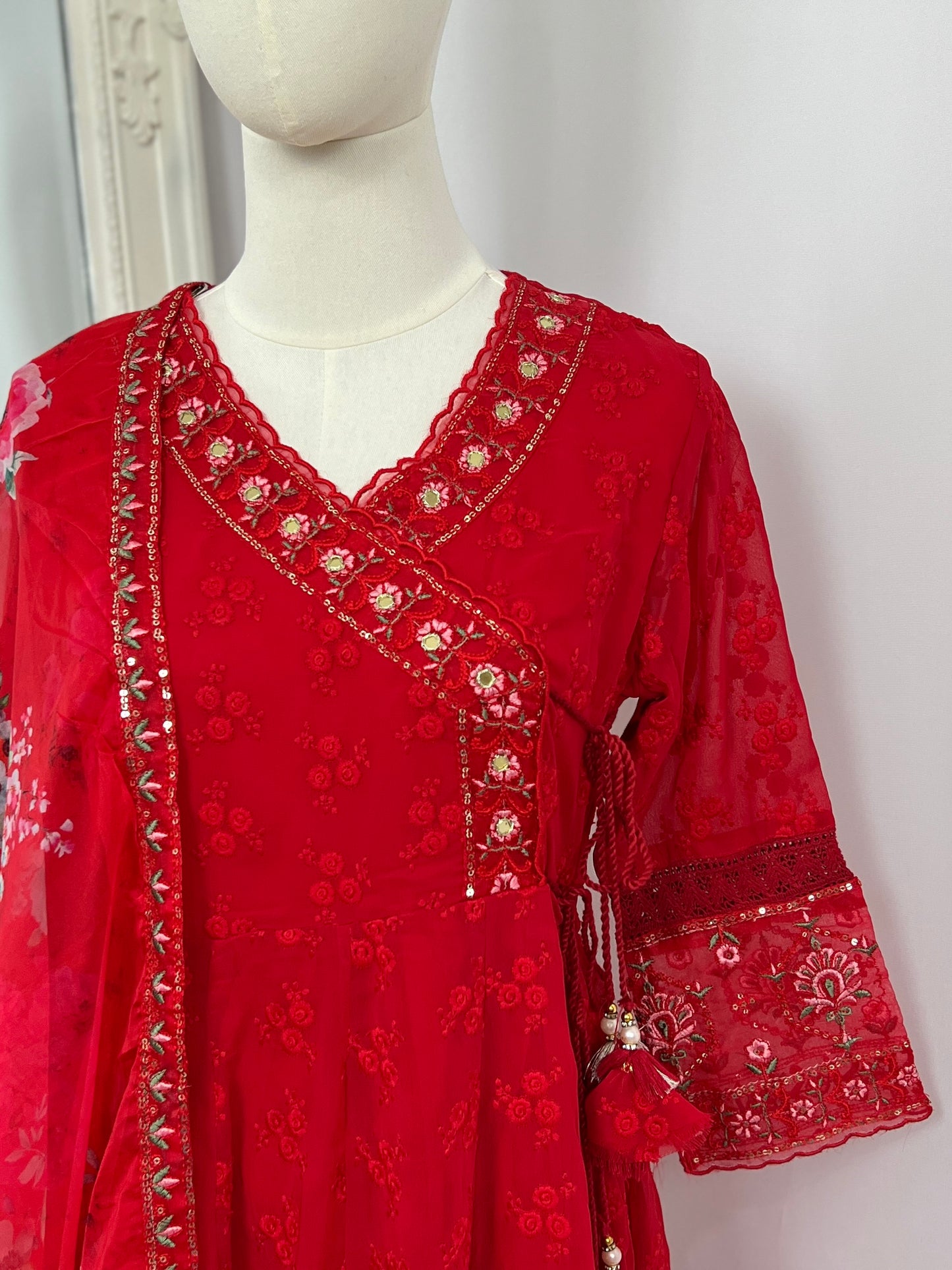 Red Embroidered Kurtha Set with Trouser & Shawl