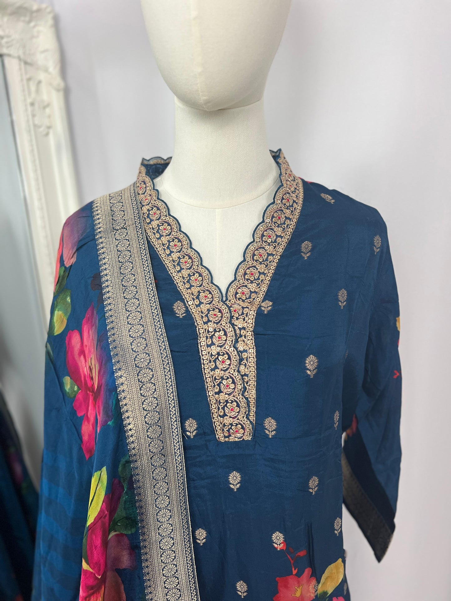 Blue Embroidered Kurtha, Trousers & Floral Shawl