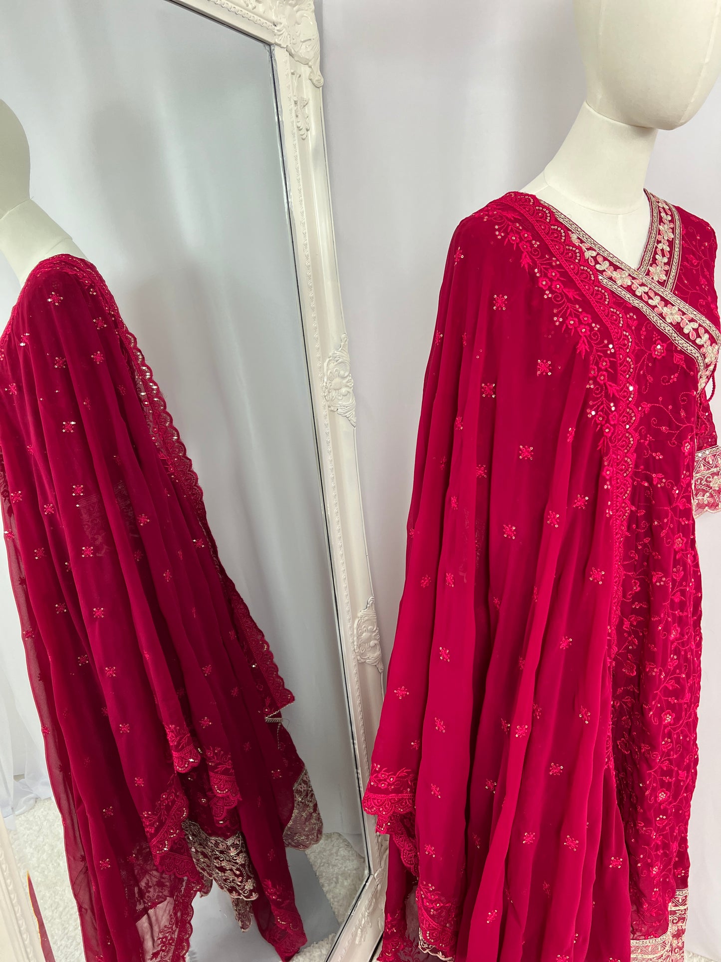Red Embroidered Kurtha Set with Trouser & Shawl
