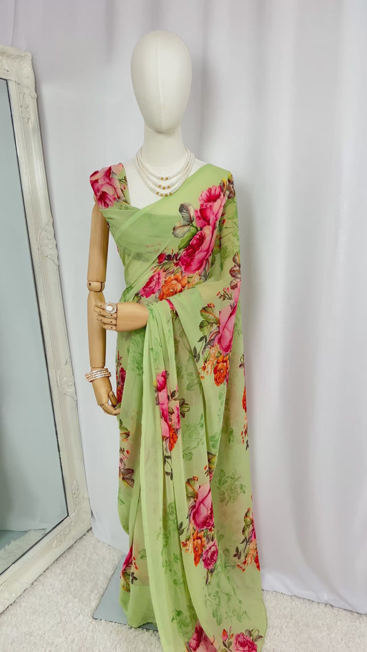 Pastel Green Floral Print Chiffon Saree