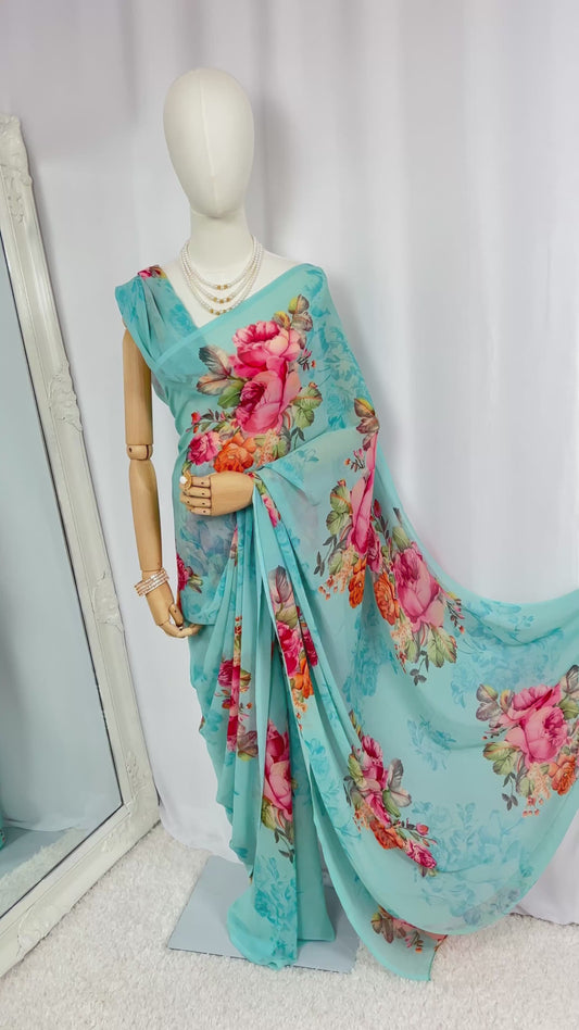 Turquoise Blue Floral Print Chiffon Saree