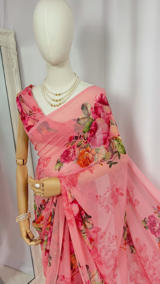Peach Floral Print Chiffon Saree