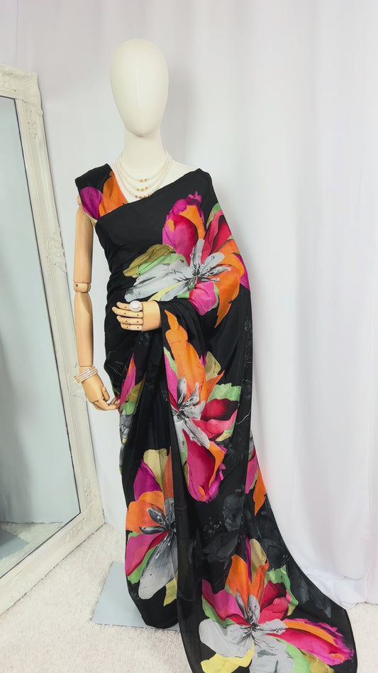 Black Floral Printed Silk-Finish Saree