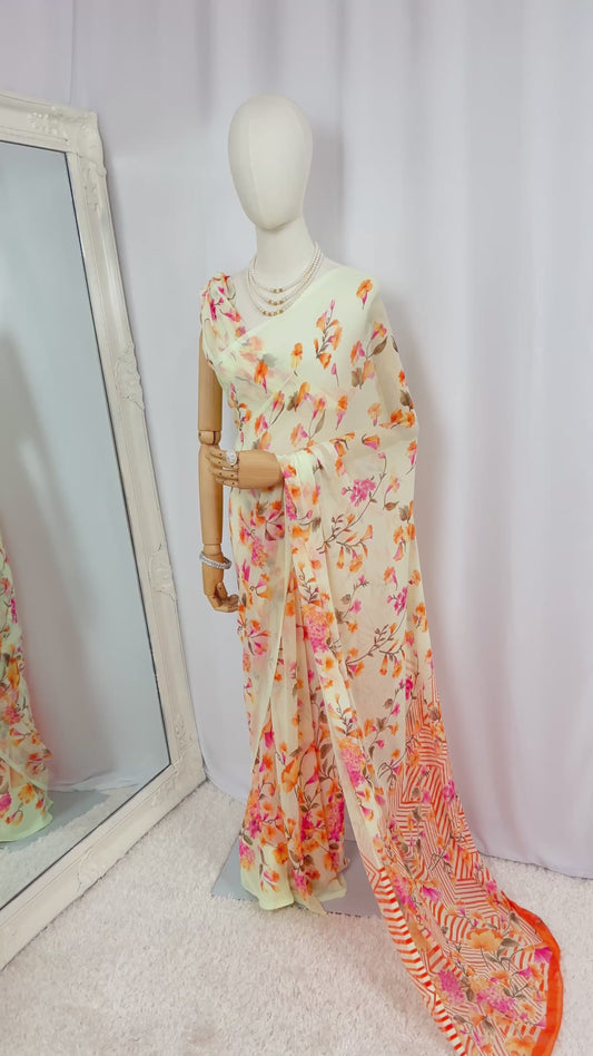 Cream Floral Print Chiffon Saree