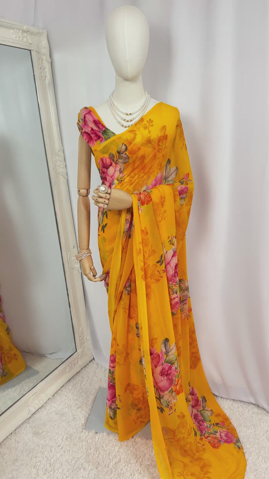 Yellow Floral Print Chiffon Saree