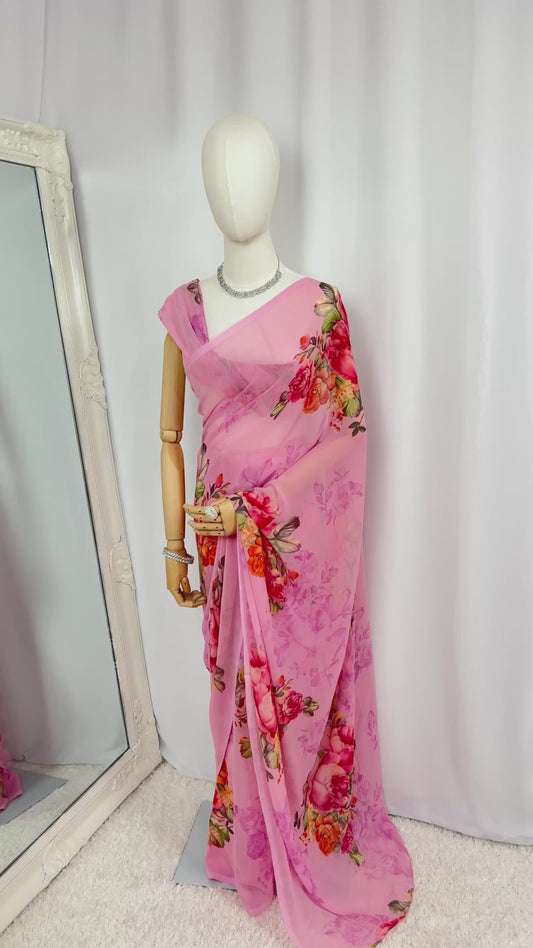 Baby Pink Floral Print Chiffon Saree