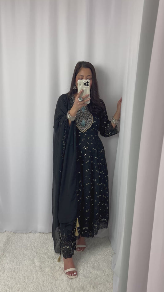 Black Embroidered Kurtha Set with Trouser & Shawl