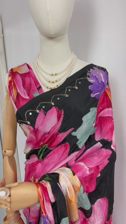 Black Floral Printed Silk-Finish Saree with Bead Embroidery